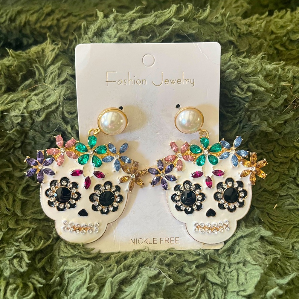 Colorful Skull Earrings with Floral Accents